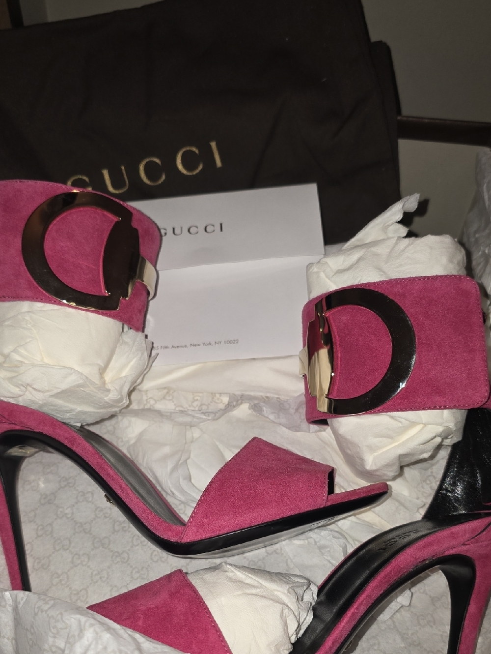 Gucci Fuchsia Suede High Heel Sandals with Gold Buckle